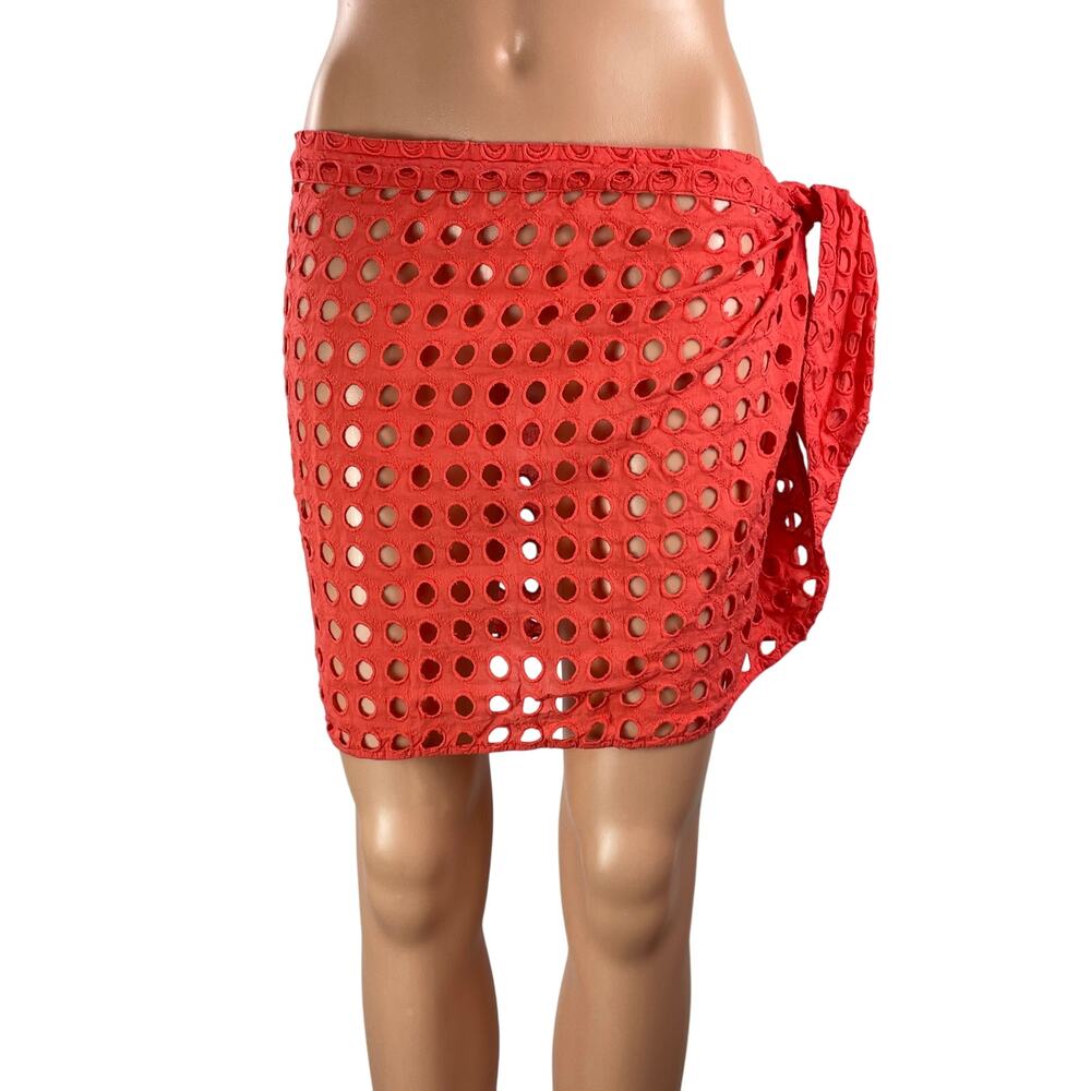 Solid & Striped The Mini Wrap Pareo Orange All Over Eyelet Cover Up Skirt Sz M/L